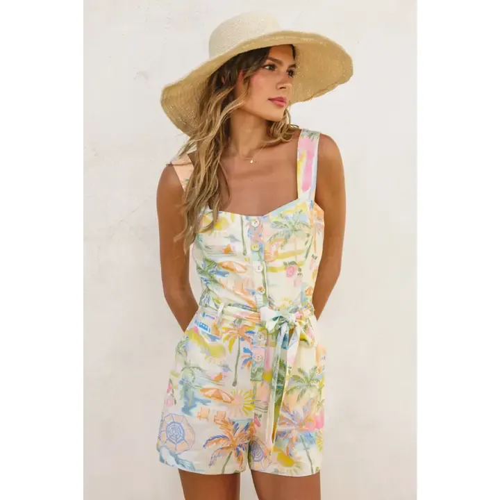 Coastal Sleeveless Woven Front Tie Romper