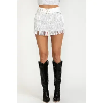 Rhinestone Fringe Belted Skort