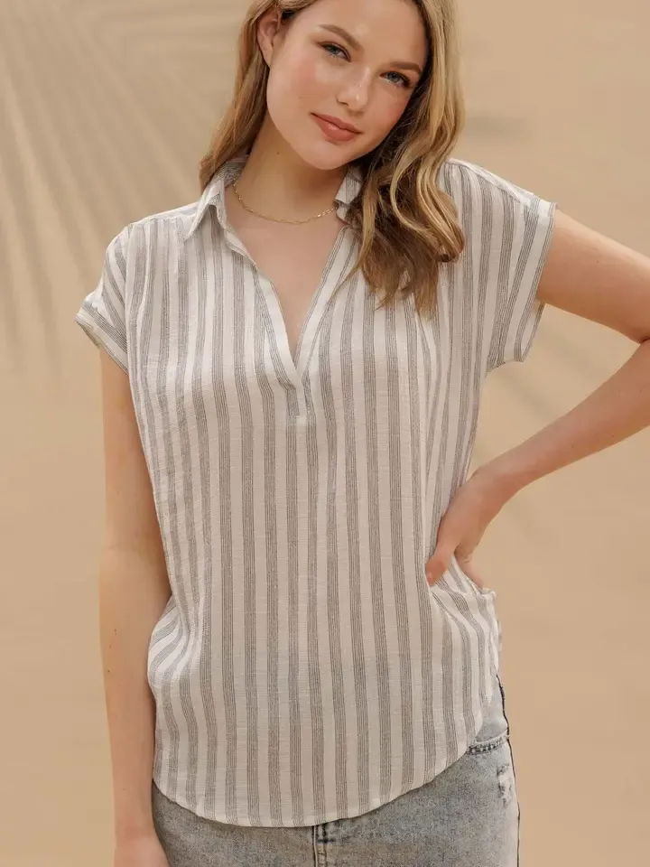 Black Striped Collared Cuff Sleeve Top