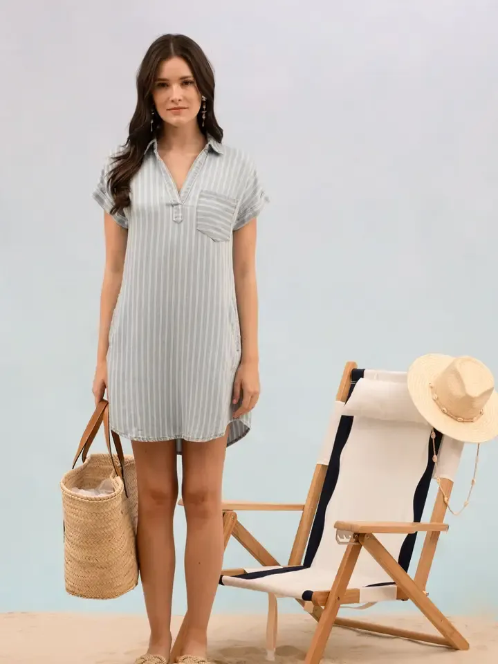 Denim Stripe Collared Cuff Sleeve Dress