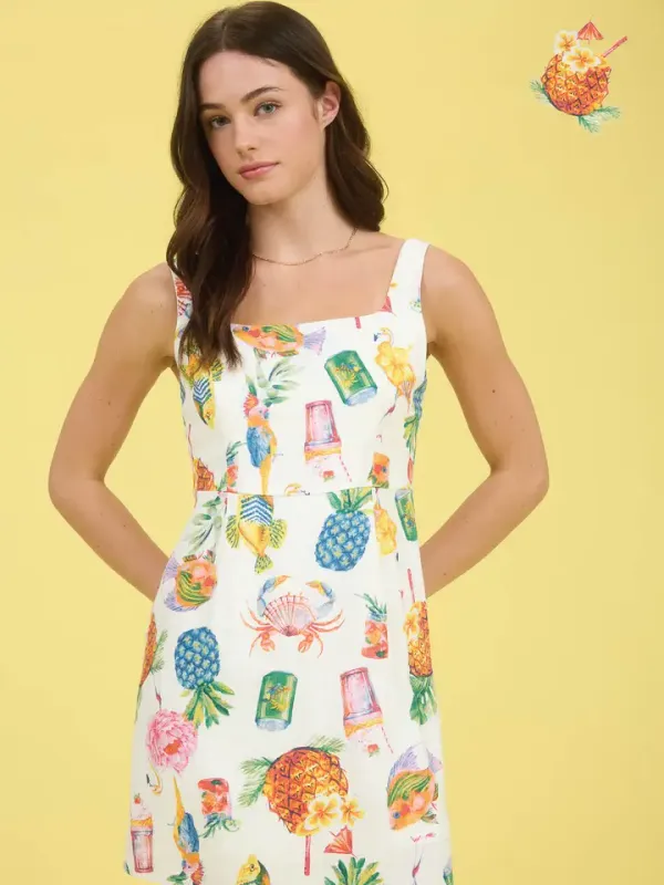Tropical Print Mini Linen Dress