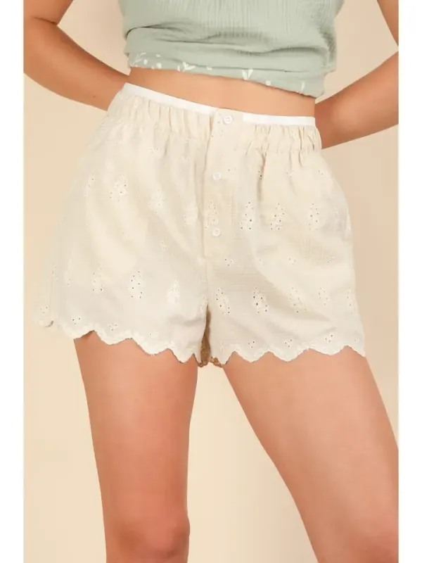 Beige Embroidered Cotton Shorts