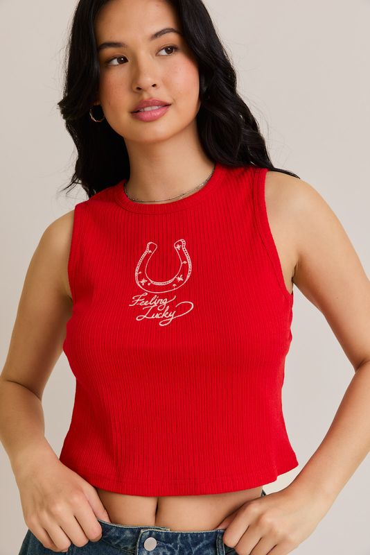 Red Embroidered Horseshoe Tank Top