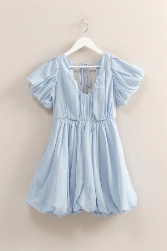 Blue V Neck Puff Sleeve Dress