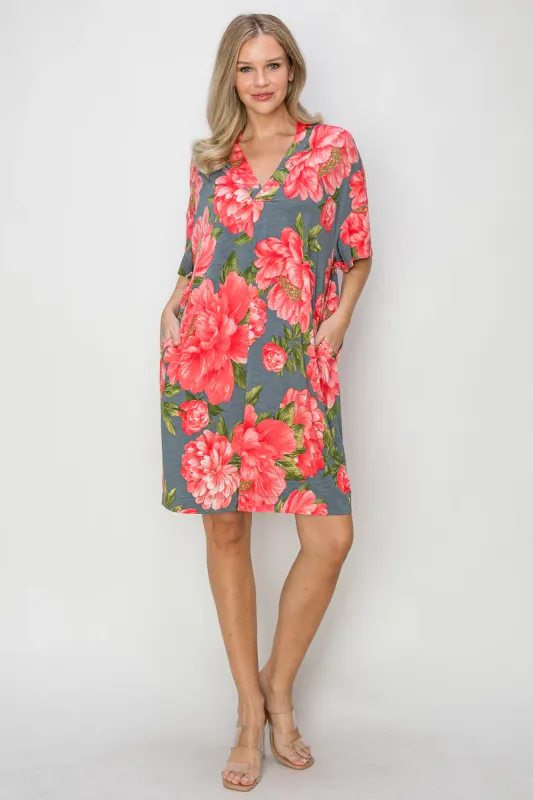 Gray Floral V Neck Dress