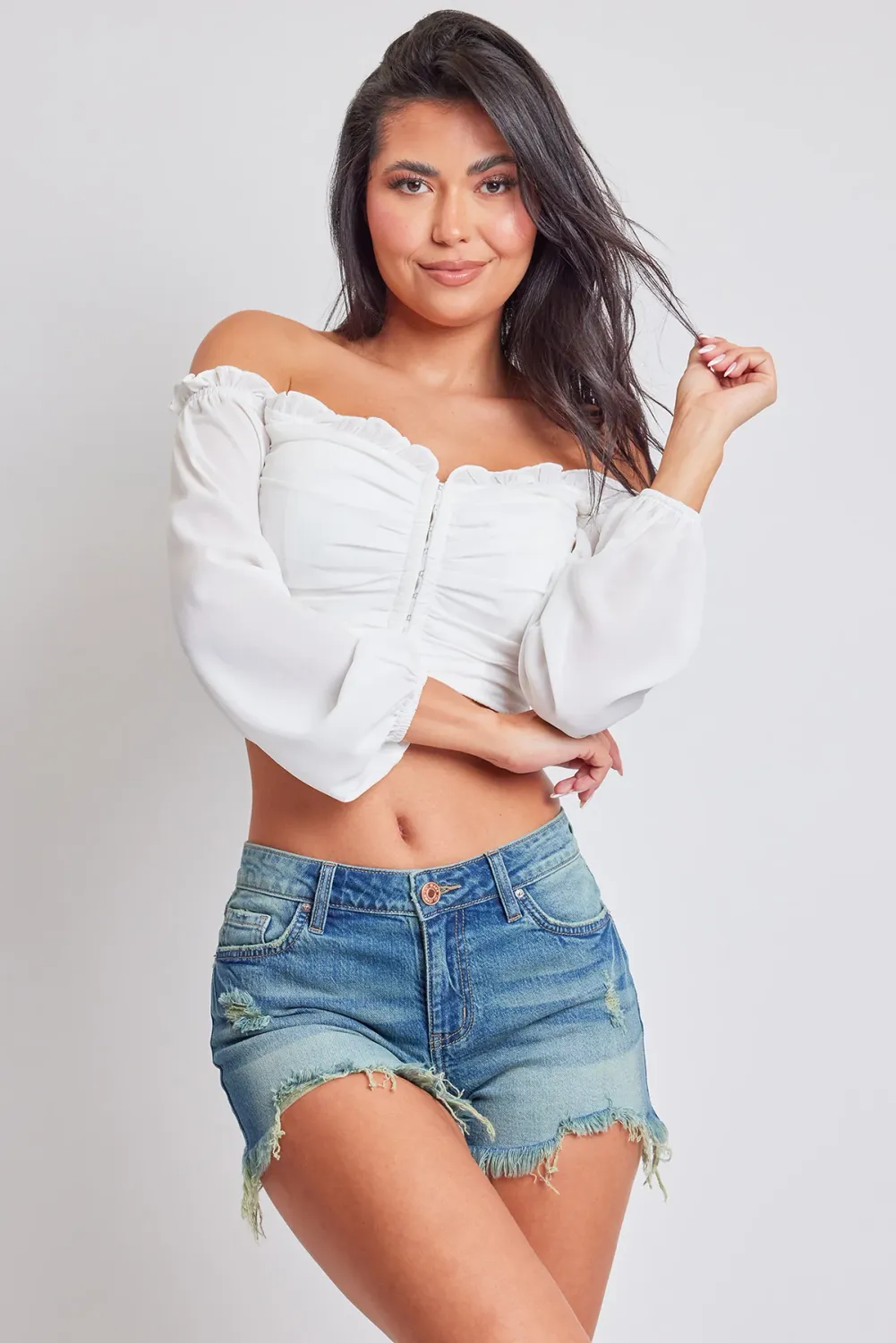 Vintage Med Wash High Rise Fray Denim Shorts