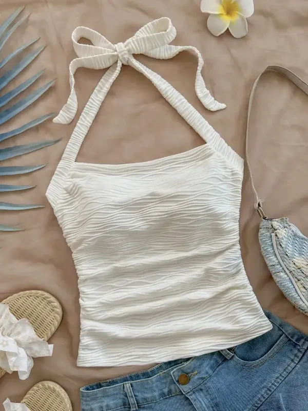 White Tie Halter Crop Top