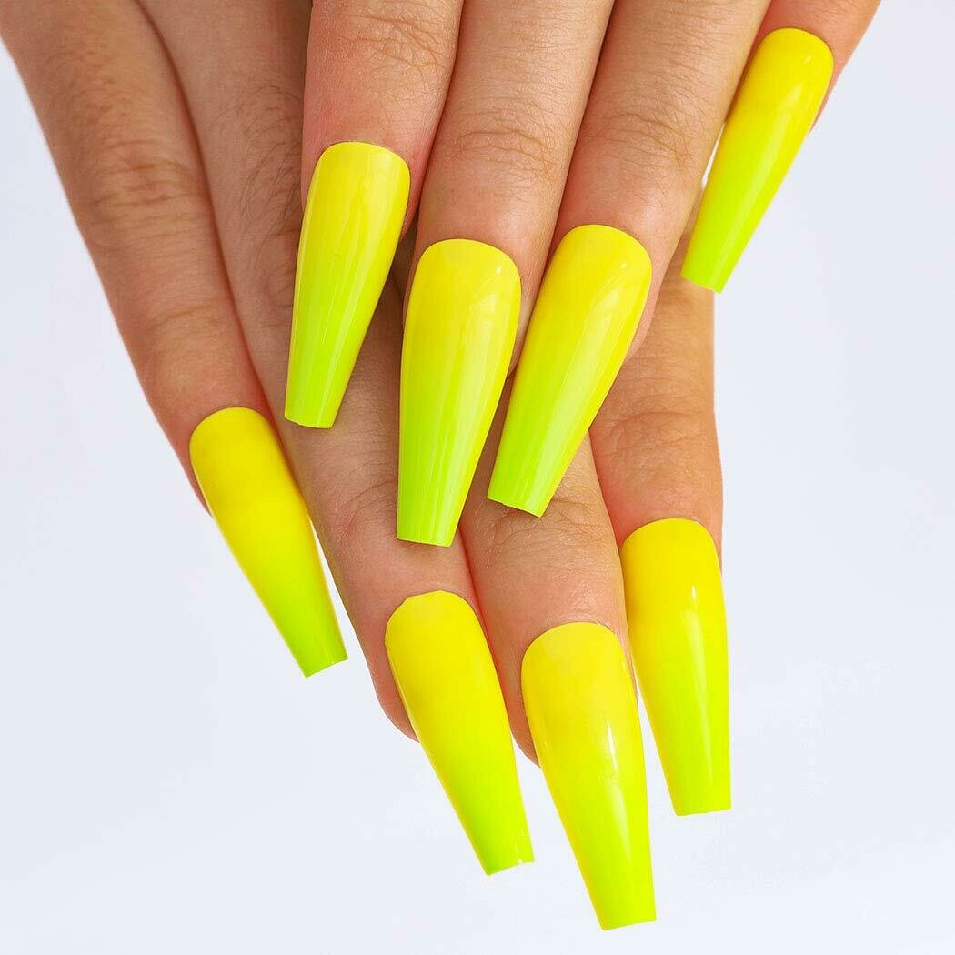 (24pcs) Glossy Nails Extra Long Coffin| (Yellow-green)