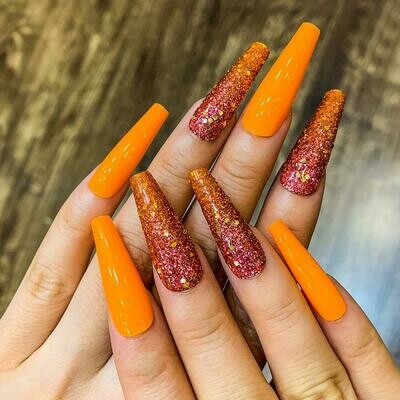 (24pcs) Orange and glitter Coffin Nails Ballerina Long False Nail