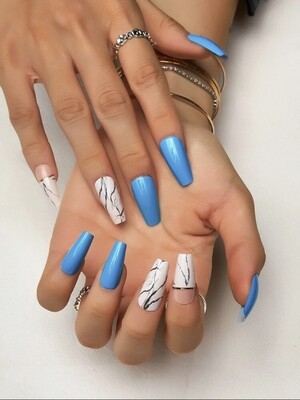 (24pcs) Blue and Marble Glossy Coffin Nail