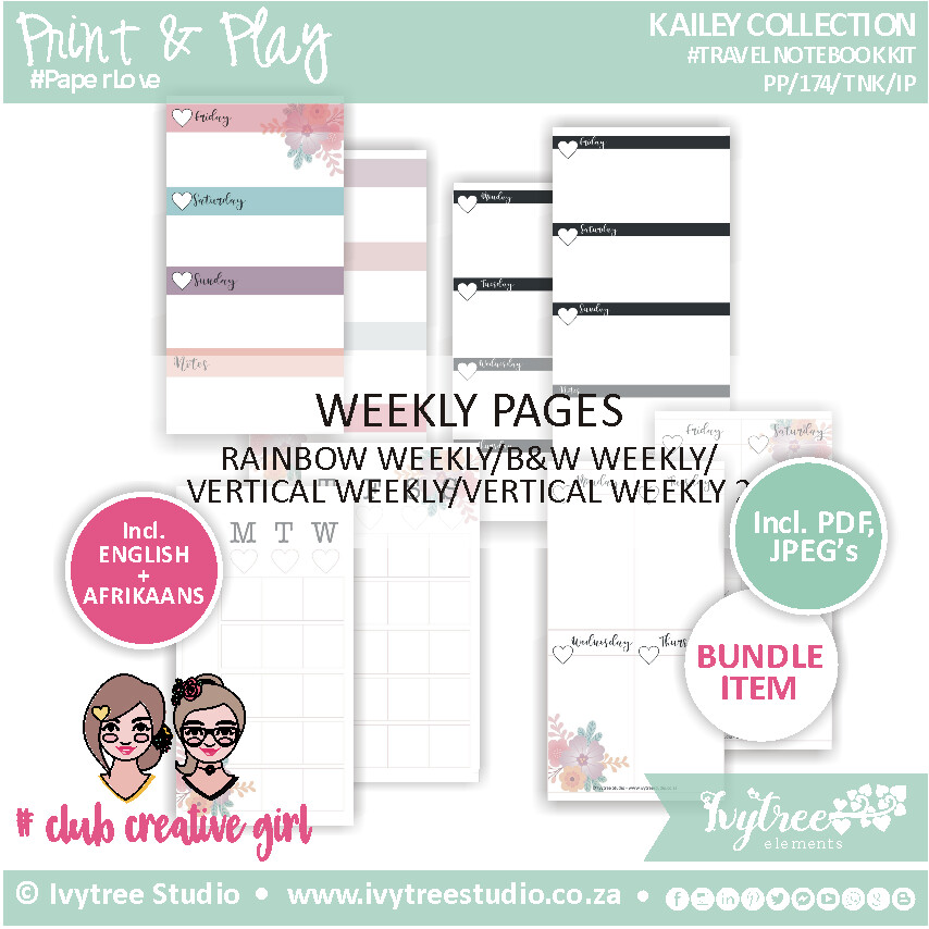 Travel Notebook Insert Pages - Weekly Pages- Kailey Collection - Incl. Eng+Afr