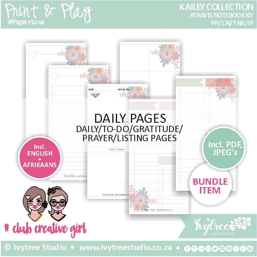 Travel Notebook Insert Pages - Daily Pages- Kailey Collection - Incl. Eng+Afr