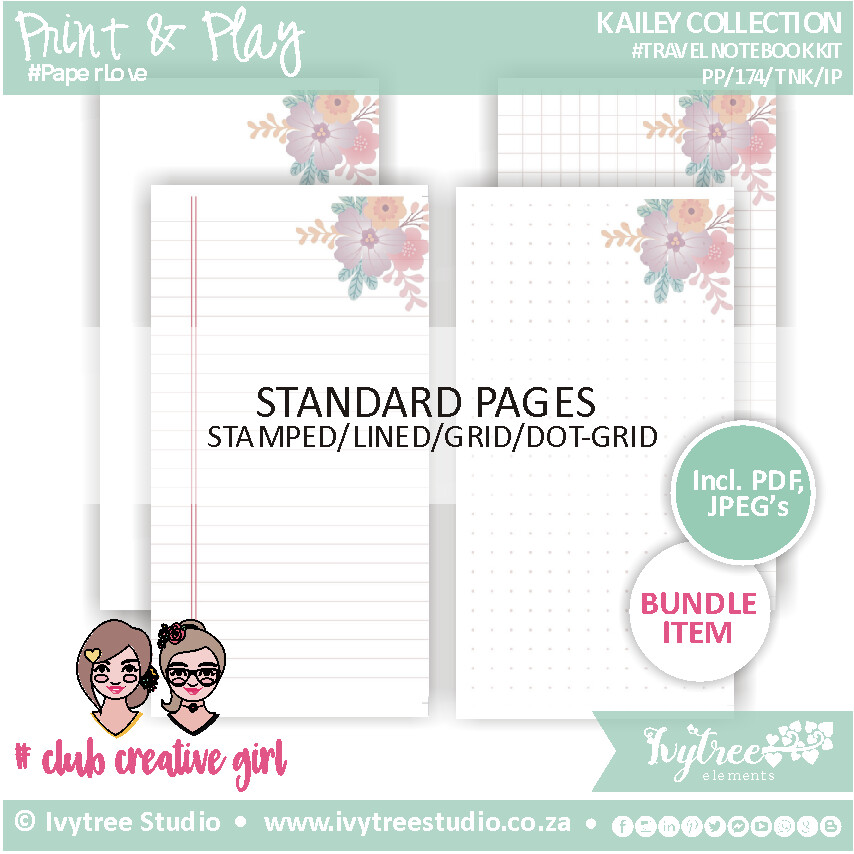 Travel Notebook Insert Pages - Standard Pages (Stamped/Lined/Grid/Dot-Grid) - Kailey Collection