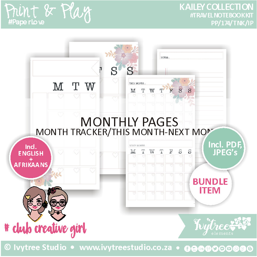 Travel Notebook Insert Pages - Monthly Pages- Kailey Collection - Incl. Eng+Afr