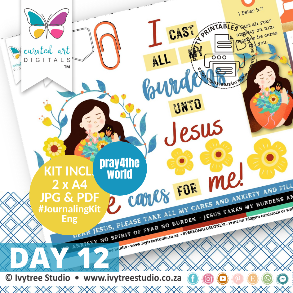 Cast your burdens - Pray4TheWorld - BibleJournaling Kit 12 - Curated Art Digitals - 14 Day Prayer Instagram Prayer Challenge Kit - English