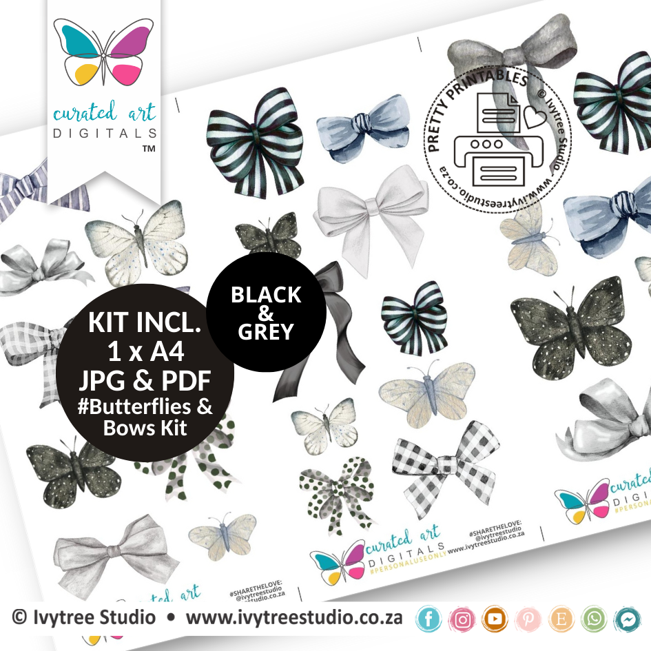 Butterflies &amp; Bows - Black - Curated Art digitals - LillyB Design