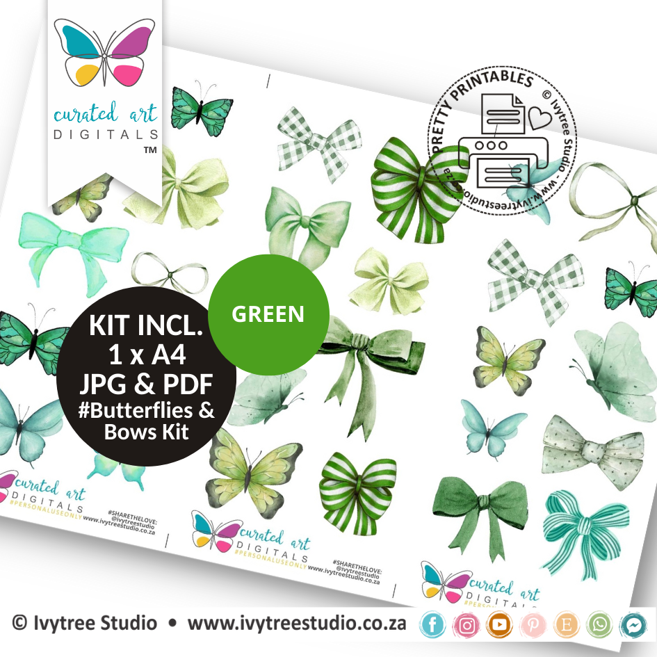 Butterflies &amp; Bows - Green - Curated Art digitals - LillyB Design