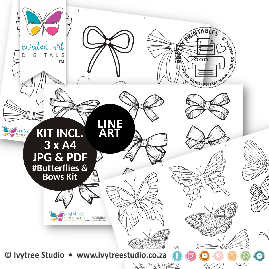 Butterflies &amp; Bows - Line Art - Curated Art digitals - LillyB Design