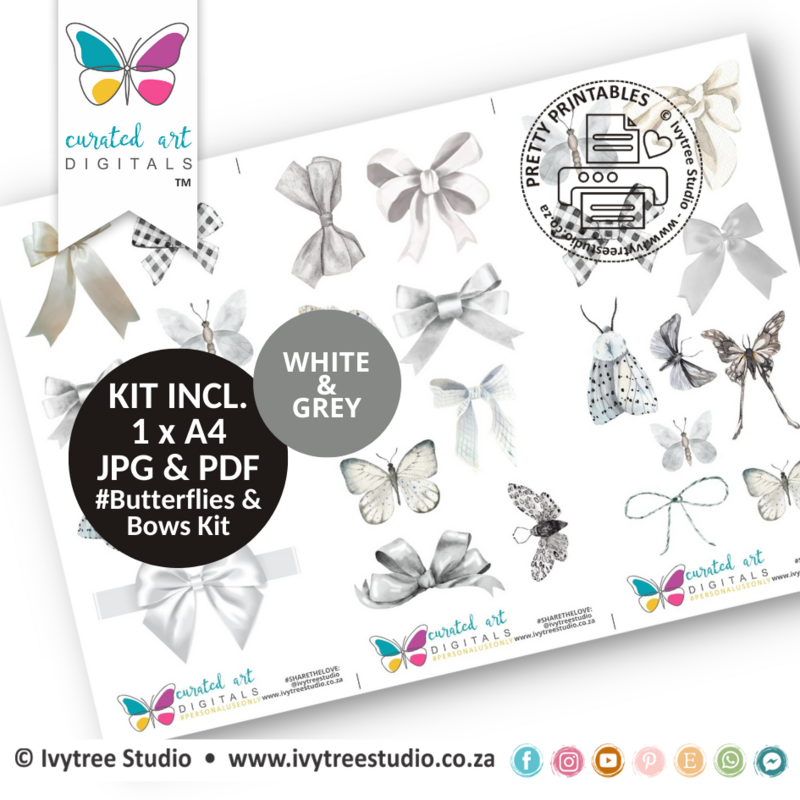Butterflies &amp; Bows - White and Grey - Curated Art digitals - LillyB Design