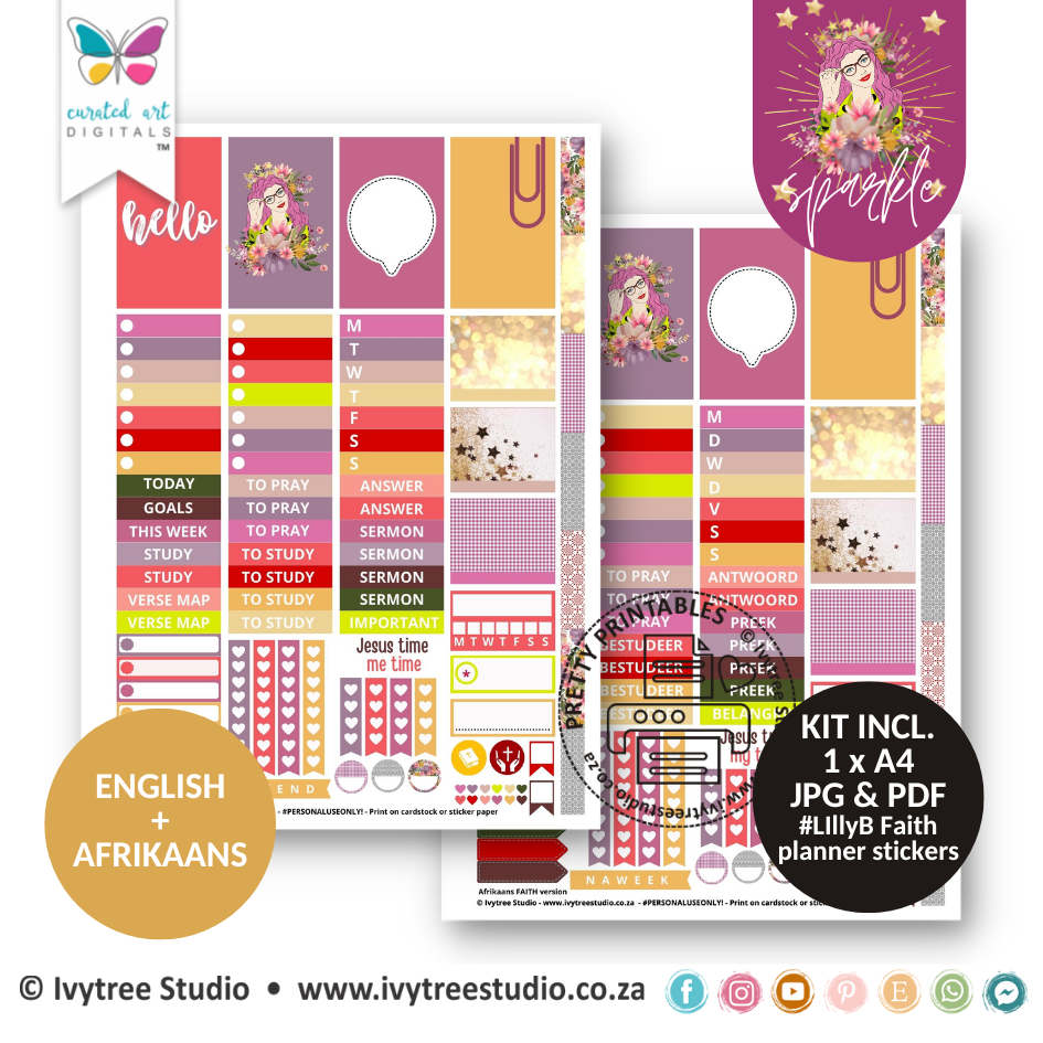 FAITH Planner Stickers - Sparkle Collection - Curated Art Digitals - LillyBDesign - English+Afrikaans
