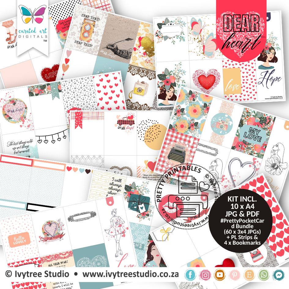 Pretty Pocket Card Bundle - Dear Heart Collection - Incl. Bookmarks + 3x4 JPGs for digital journaling
