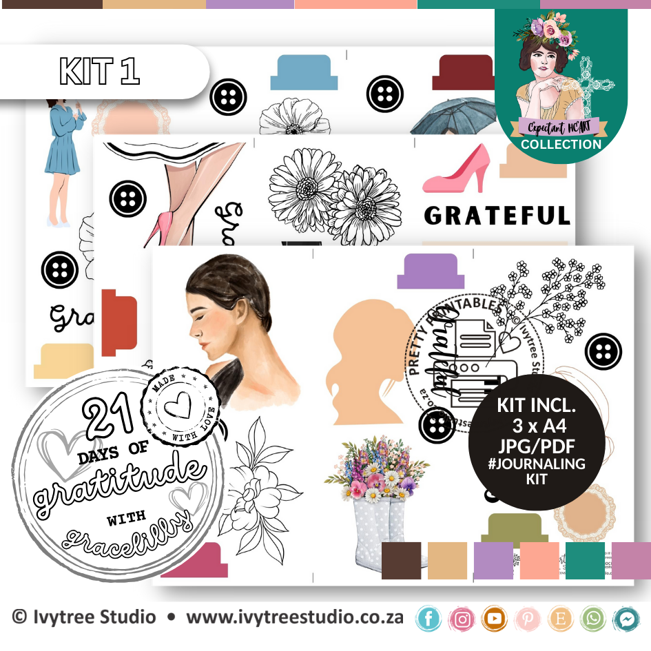 21 Days of Gratitude Journaling Kit Set 1 - Expectant Heart Collection - Bible Journaling with Ivytree Studio