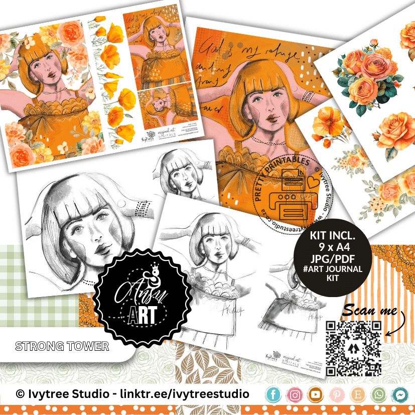 Strong Tower Art Journal Kit with illustrated girl, roses, and faith journaling elements | Bible Journaling | Ivytree Studio