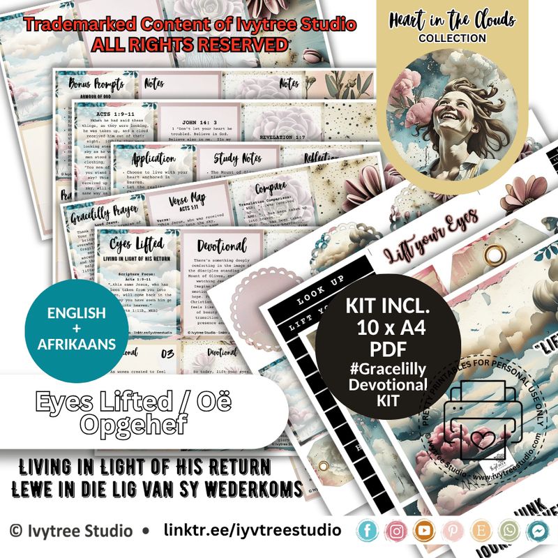 Lift your Eyes Devotional Guide - Head in the Clouds Printable Collection - Devotional creative junk journal Kit in English and Afrikaans | Gracelilly Bible Journaling | Ascension Day journaling | Ivytree Studio