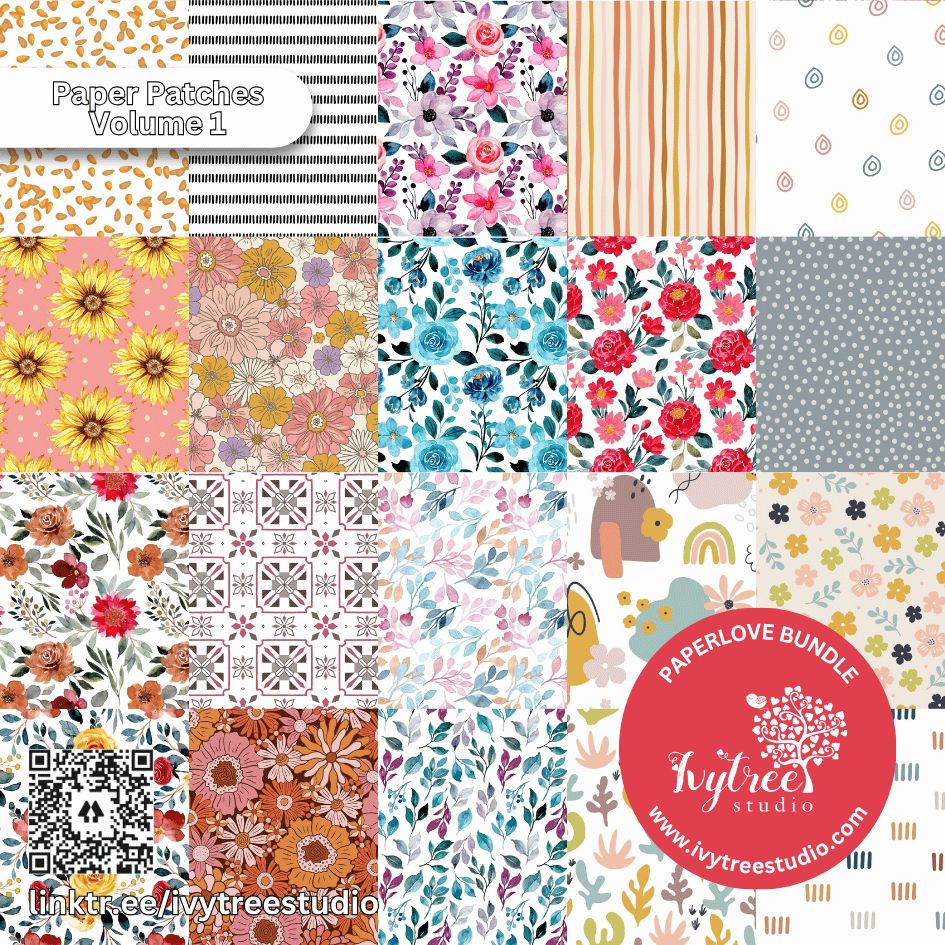 Paper Patches Volume 1  | Paperlove Kit – 12 Printable Pattern Papers for Journaling, Scrapbooking &amp; Crafts | Ivytree Studio