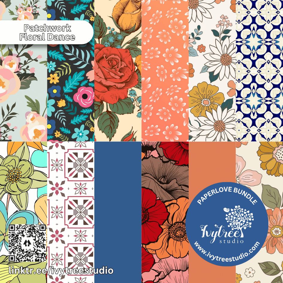 Patchwork Floral Dance | Paperlove Kit – 12 Printable Pattern Papers for Journaling, Scrapbooking &amp; Crafts | Ivytree Studio