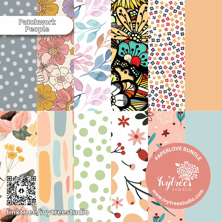 Patchwork People | Paperlove Kit – 12 Printable Pattern Papers for Journaling, Scrapbooking &amp; Crafts | Ivytree Studio