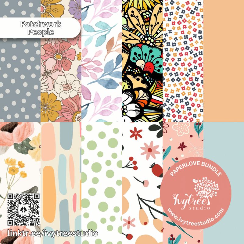 Patchwork People | Paperlove Kit – 12 Printable Pattern Papers for Journaling, Scrapbooking &amp; Crafts | Ivytree Studio