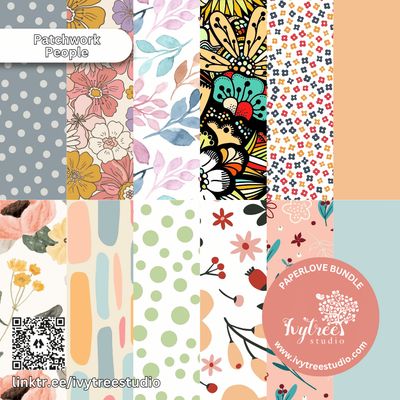 Patchwork People | Paperlove Kit – 12 Printable Pattern Papers for Journaling, Scrapbooking &amp; Crafts | Ivytree Studio