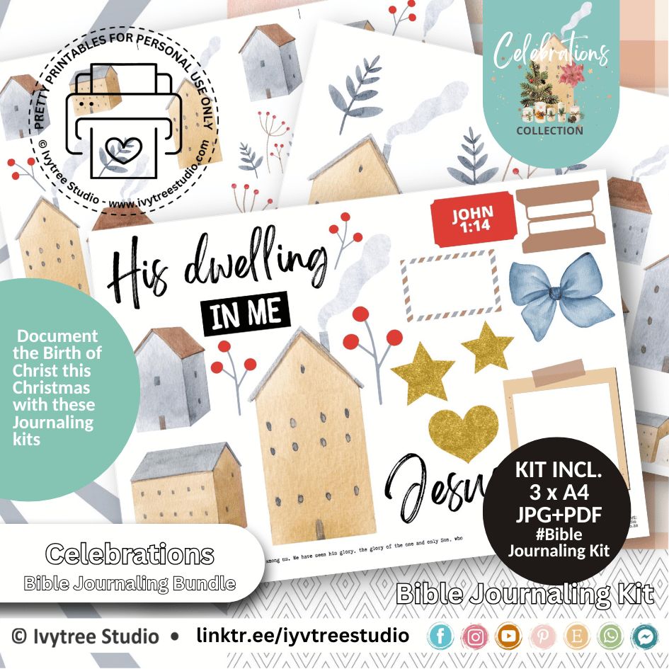 His Dwelling in Me journaling kit – printable Bible journaling elements with houses, stars, and John 1:14 Scripture theme.