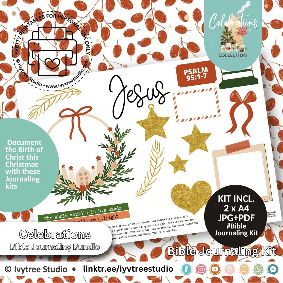 Psalm 95:1–7 journaling kit – printable Christmas journaling set with wreaths, stars, and faith-based journaling elements