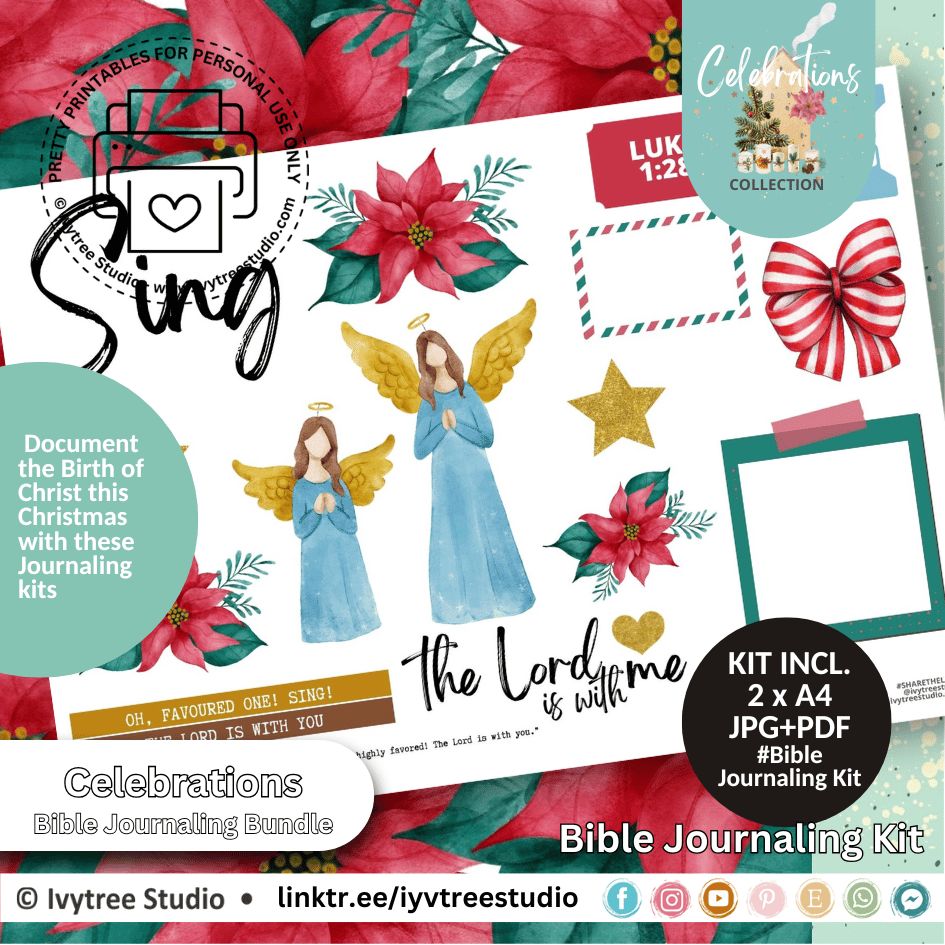 Sing Bible journaling kit with angels, poinsettias, stars, Scripture labels, and Christmas faith elements