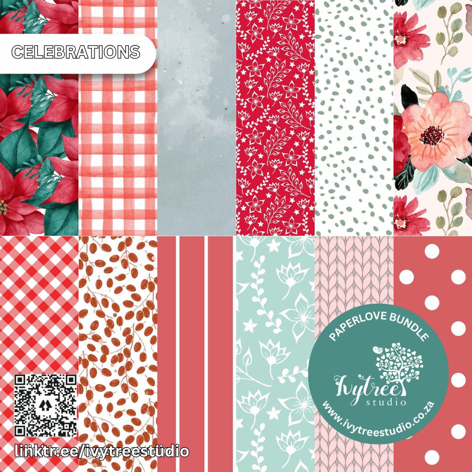 Red floral &amp; gingham scrapbook paper bundle with festive patterns