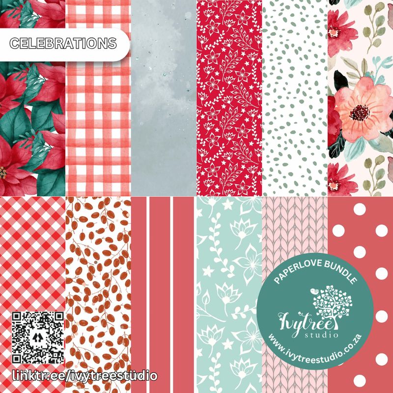 Red floral &amp; gingham scrapbook paper bundle with festive patterns