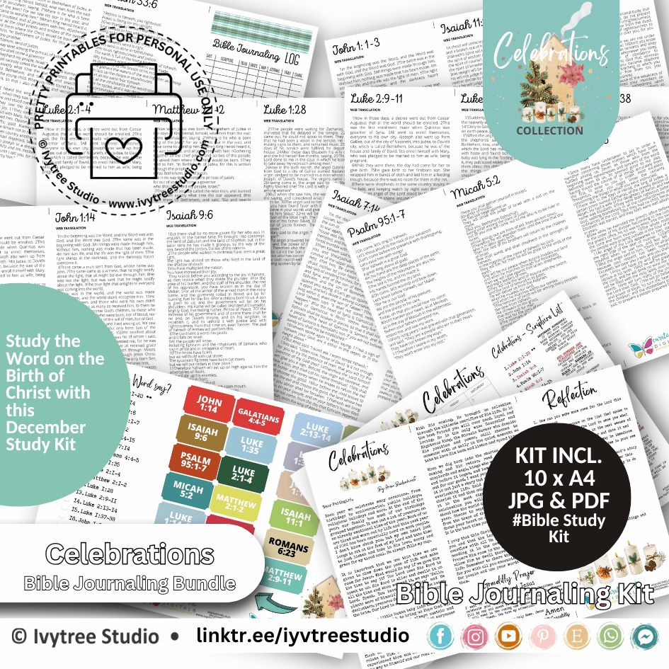 Celebrations Bible Journaling Kit – 10-page printable study pack with Scriptures, reflections, and journaling prompts.