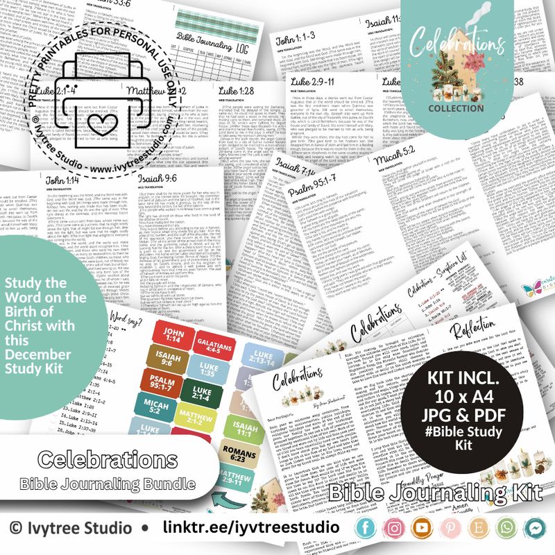 Celebrations Bible Journaling Kit – 10-page printable study pack with Scriptures, reflections, and journaling prompts.