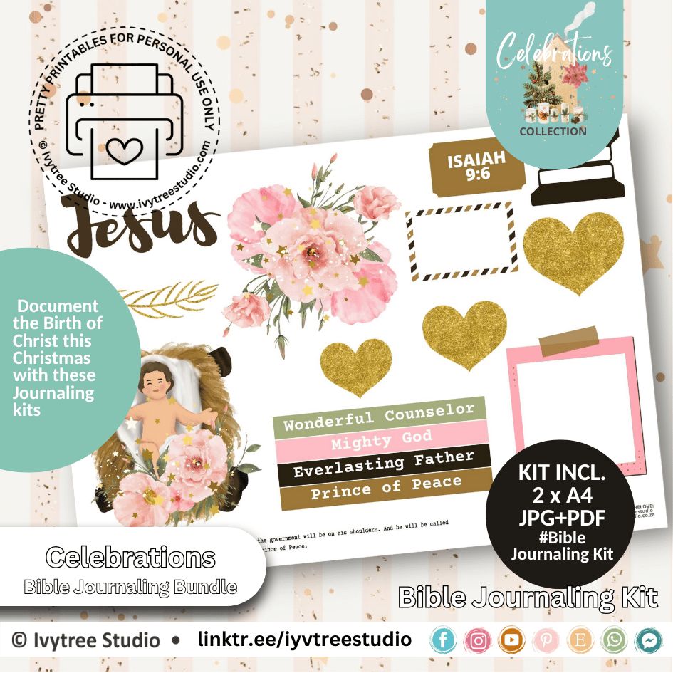 Wonderful Counselor journaling kit – printable elements with Isaiah 9:6 Scripture, nativity, florals, and faith art