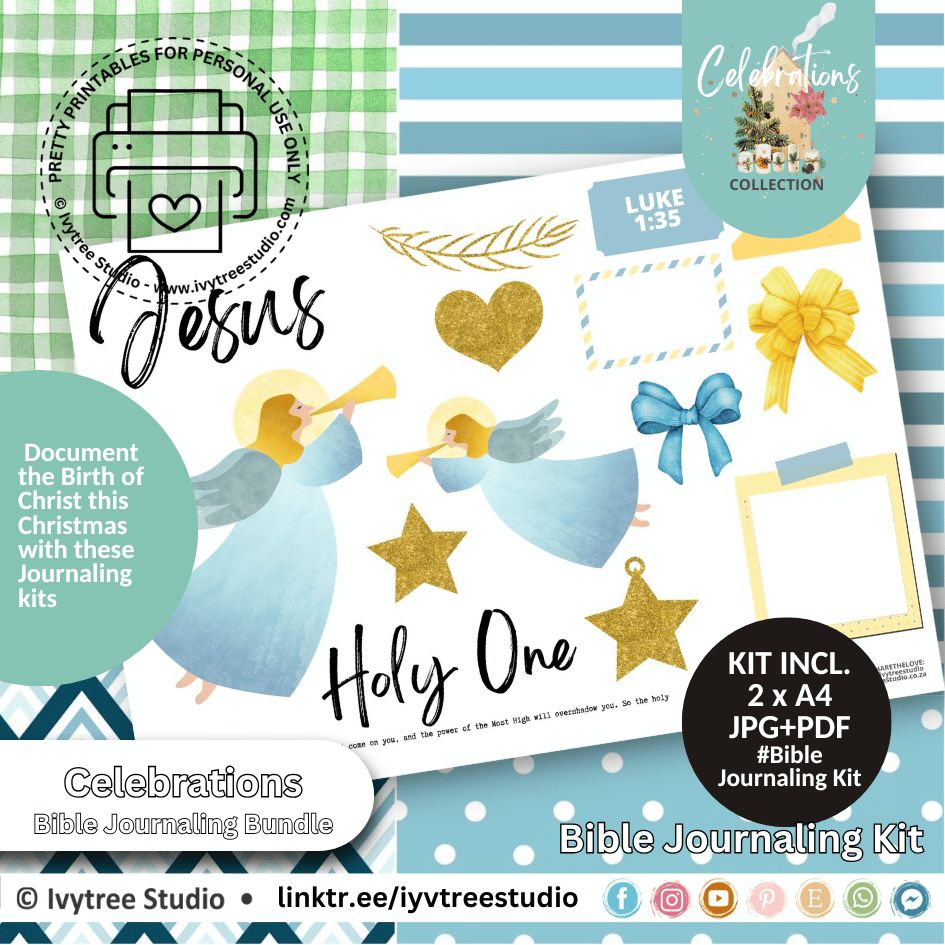 Holy One journaling kit – Luke 1:35 printable journaling set with angels, stars, and Christmas faith journaling art