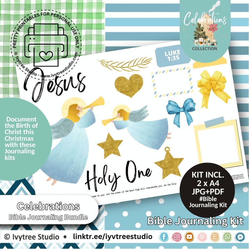 Holy One journaling kit – Luke 1:35 printable journaling set with angels, stars, and Christmas faith journaling art