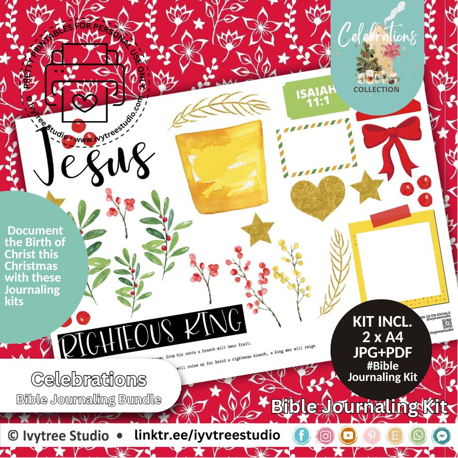 Righteous King Bible journaling kit with florals, greenery, gold stars, Scripture labels, and Christmas accents