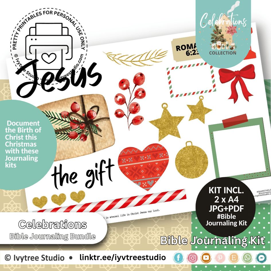The Gift Bible journaling kit with Scripture labels, gift illustration, hearts, stars, ornaments, and Christmas art