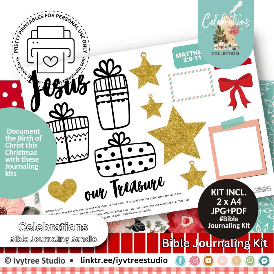 Our Treasure Bible journaling kit with Scripture labels, gift boxes, stars, bows, hearts, and Christmas elements.