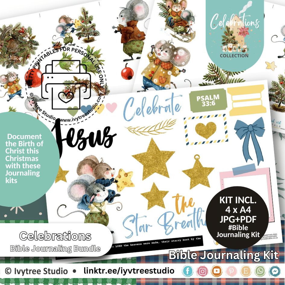 Start Breather Bible journaling kit with mice, greenery, bows, Scripture labels, gold stars, and festive Christmas art