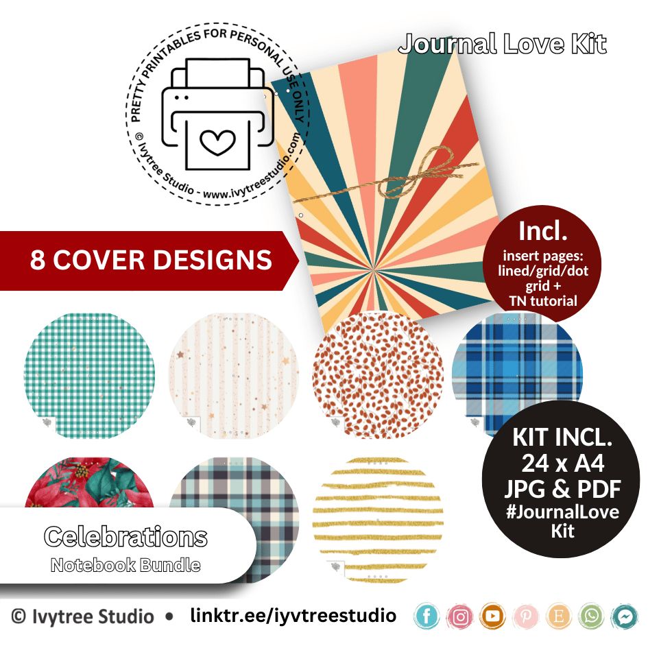 Celebrations Journal Love Kit – 8 printable notebook covers with inserts and TN tutorial.