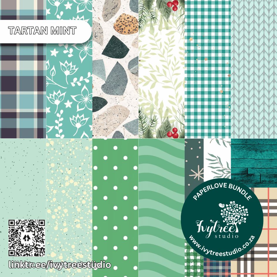 Green tartan scrapbook paper with polka dots &amp; leaf patterns