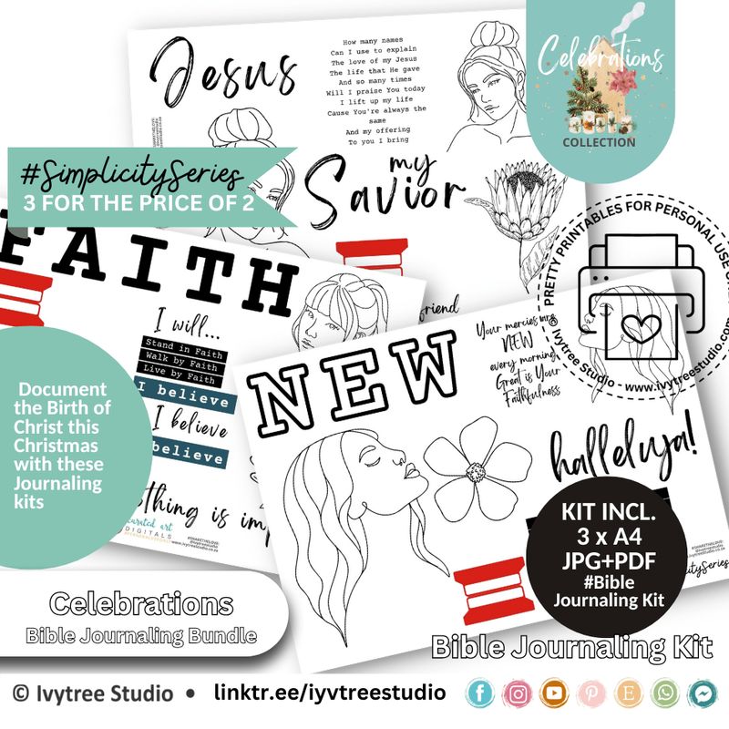 Celebrations Simplicity Series – Faith and New journaling kit, 3-page printable Bible study and Scripture art.